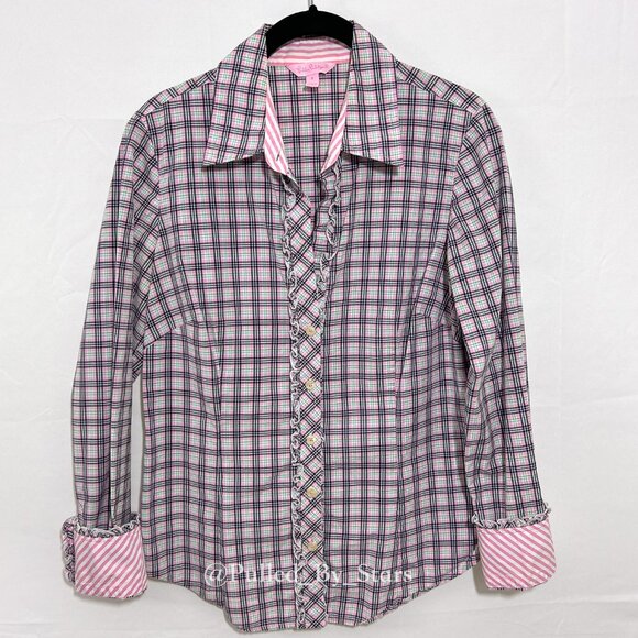 LILLY PULITZER Multicolor Plaid Long-Sleeve Ruffle Button-Front Shirt - Size 8 - Picture 10 of 16